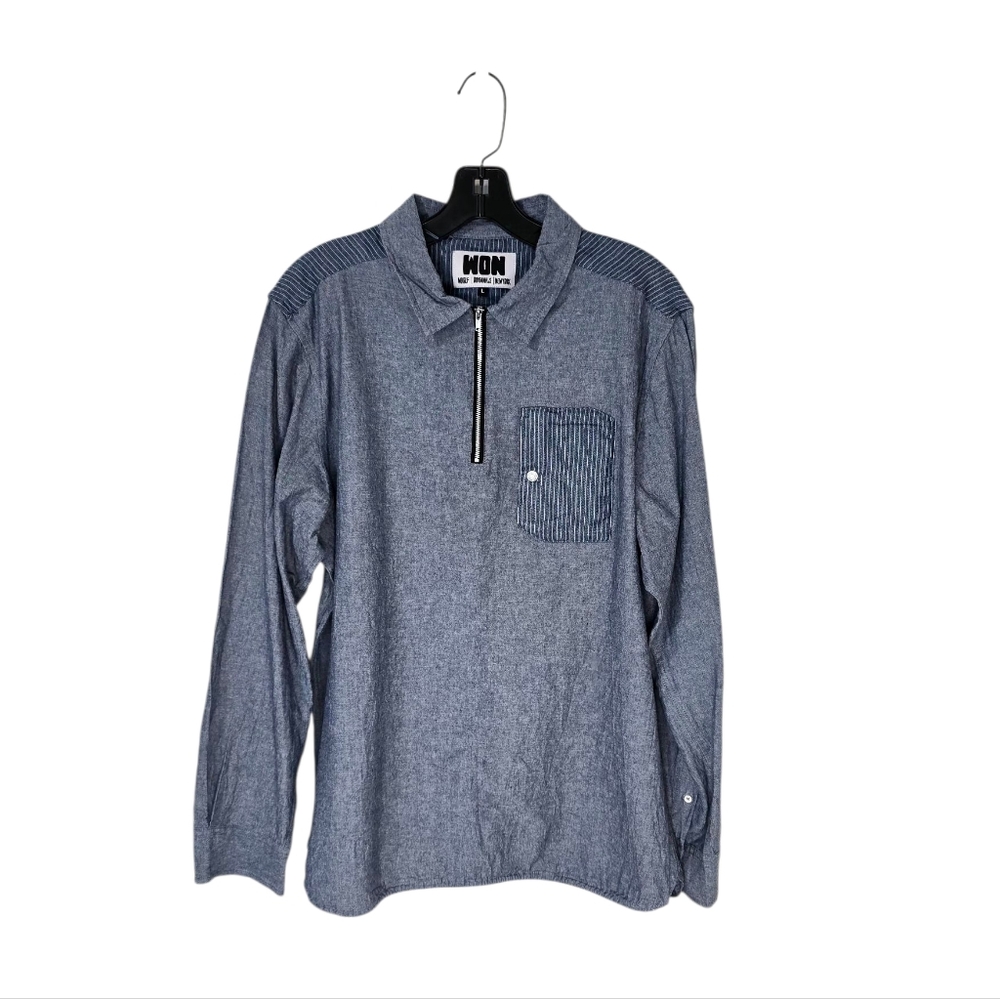 Won Woolf Originals New York Blue Denim Chambray Top 1/4 Zip Tie Hemline Large‎